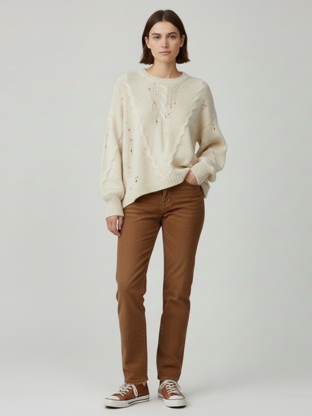 Skull Cashmere Ivory Cable Scoop Neck Pullover